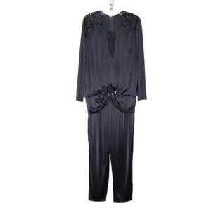 Vintage Womens Jumpsuit Sz 8 Black Satin Sequins Lace Party Disco *SEE